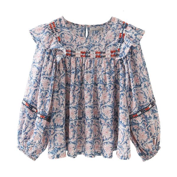 

women's blouses & shirts women blue floral print long sleeve blouses ruffles trimming embriodery boho spring summer bohemian, White