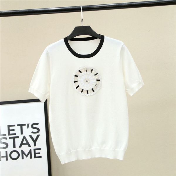 

t shirt 2021 summer small fragrance clock nail bead white ice silk short sleeve women's loose round neck pullover top