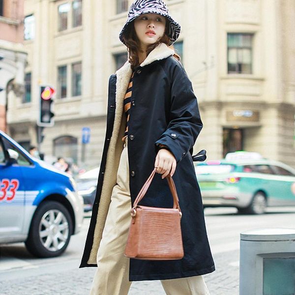 

women's trench coats 2021 winter casual plush coat polyester turndown collar long sleeve loose solid color simple women, Tan;black