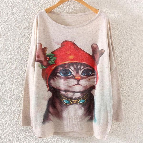 

women's sweaters 2021 cute christmas cat print batwing sleeve knitted jumpers casual autumn female oversize loose pullovers women, White;black