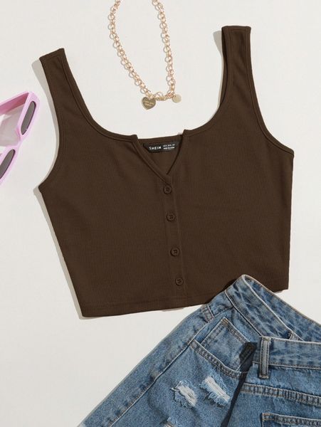 

notched neck button-front cropped tank d9lz#, White