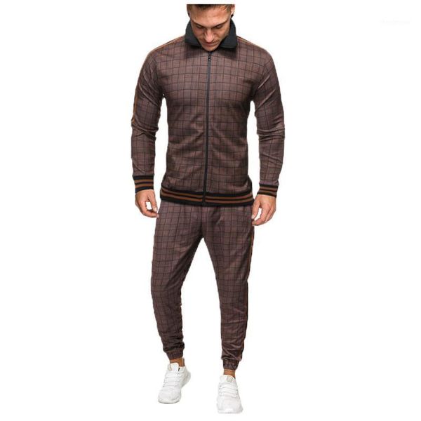 

mens autumn tracksuit sweatshirt sets plaid printed zipper pants sports suit clothes men's tracksuits, Gray