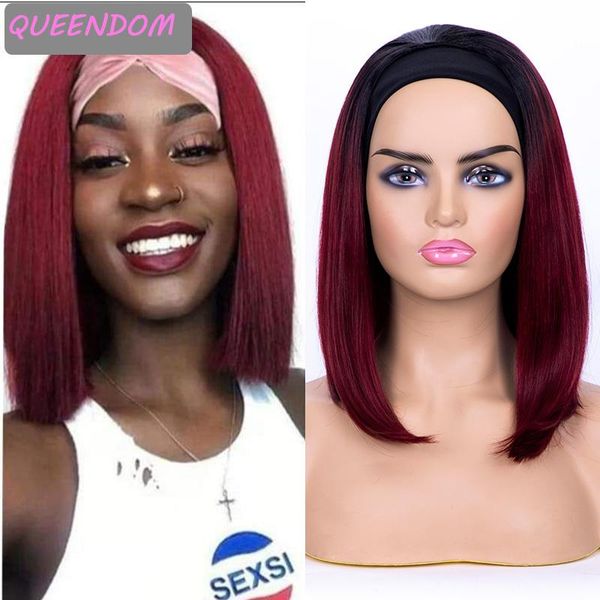 

synthetic wigs 14'' natural straight short headwraps ombre bob wig with scarf heat resistant headband lolita for black women
