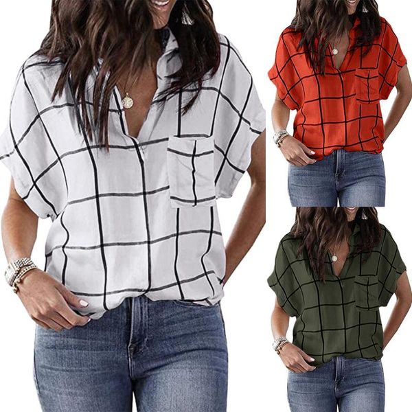 

women's blouses & shirts vintage blouse loose femme blusas short sleeve printing prints casual plaid pocket v-neck arts style, White