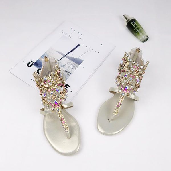 

sandals summer flat bottom flip flop women's diamond bohemian style, Black