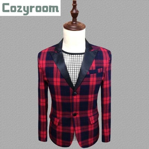 

fashion england red plaid long-sleeved men suit costume wedding presenter dress men's korean nightclub slim suits s-5xl & blazers, White;black