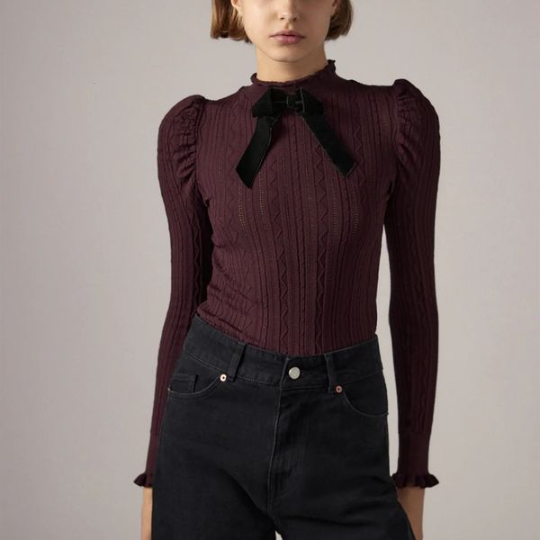 

sweaters pointelle knit sweater women long sleeve balloon shoulder veet bow applique sweaters woman chic vintage pullover top, White;black
