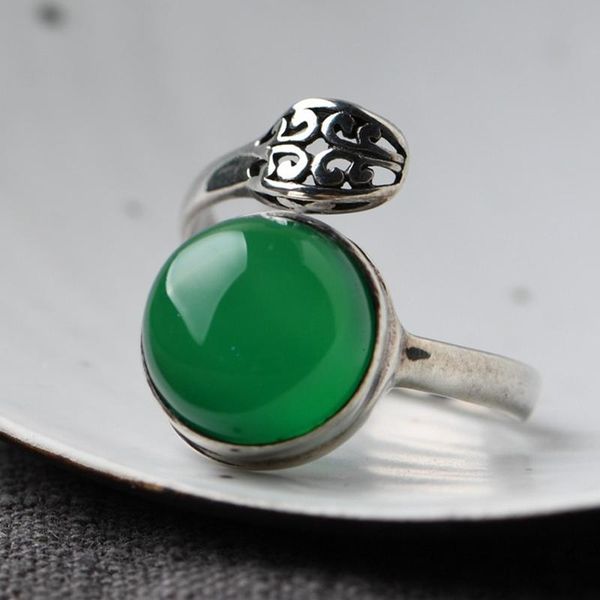 

cluster rings fnj 925 silver ring for women jewelry 100% original pure s925 sterling round natural green agate, Golden;silver