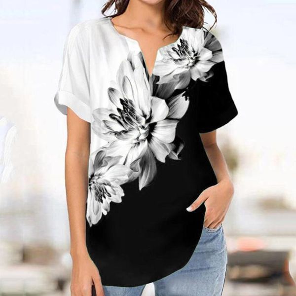 

women's t-shirt #l5 vintage floral print t shirt women casual v neck short sleeve elegant ladies t-shirts camiseta mujer 2021, White