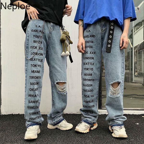 

women's pants & capris neploe harajuku letters print streetwear jeans ripped hole denim loose trousers women man hip-hop trouser punk p, Black;white