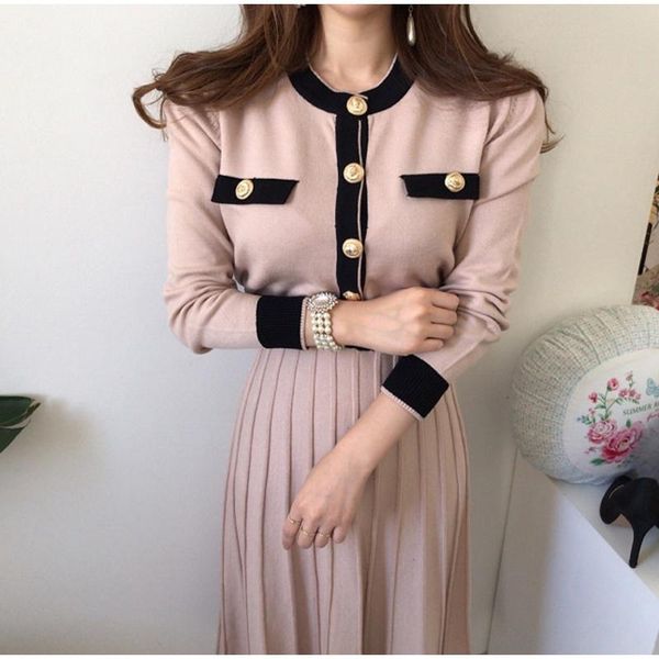 

casual dresses elegant knitted a-line high waist dress women slim pleated female gentle lady long sweater vestidos tide spring korean, Black;gray