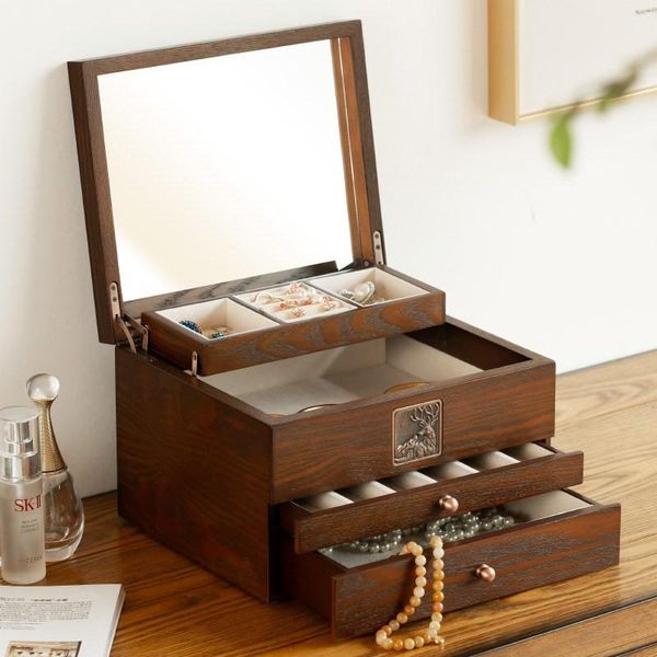 

jewelry pouches, bags earrings necklace storage box large capacity wooden drawer household makeup mirror, Pink;blue