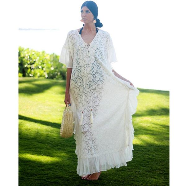 

party dresses 2021 arrival bikini dress white lace tunic v-neck plus size women summer beach wear swim suit cover up n1254, White;black
