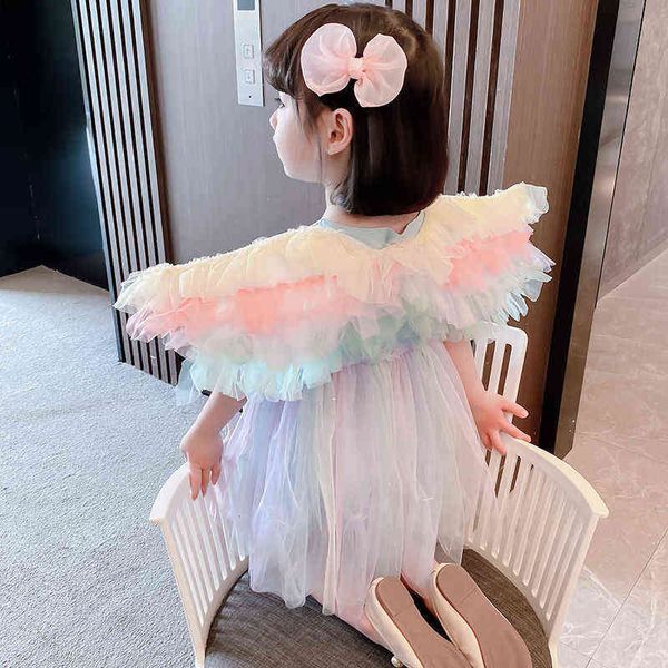 Menina malha vestido borboleta imprimir com asa verão menina princesa gaze tutu vestidos toddler 1-6 anos velho bebê g1129