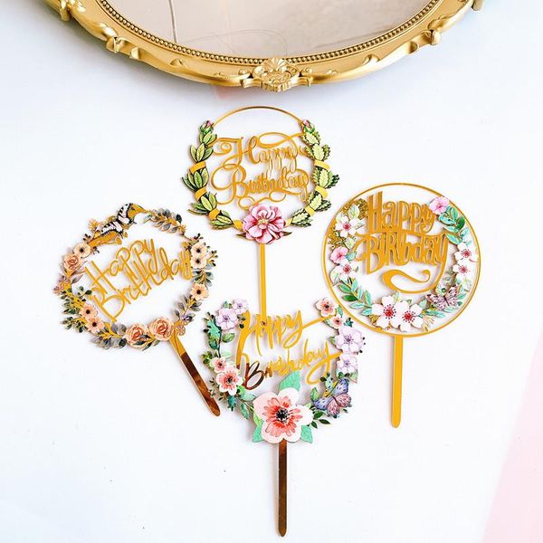 

colored flowers happy birthday cake er golden acrylic party dessert decoration for r baking supplies other festive &