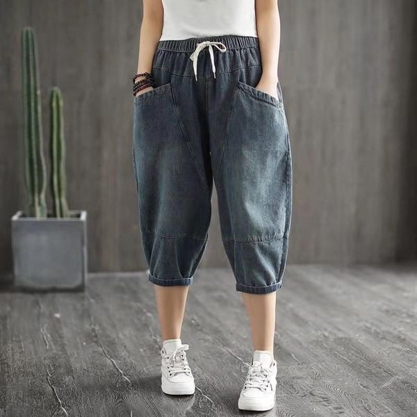 

women's jeans 2021 arrival summer women loose casual elastic waist harem pants all-matched vintga blue cotton denim patchwork w121