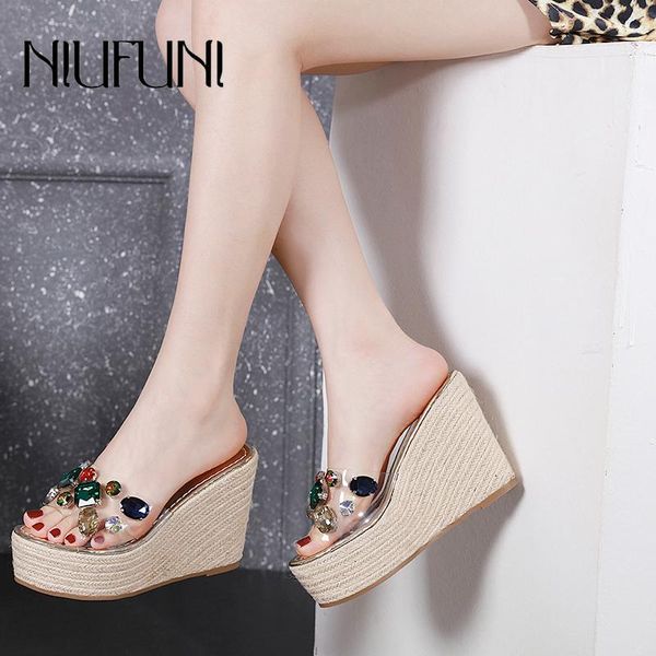 

peep toe platform woman sandals transparent crystal ladies slippers rhinestone high heels wedge slides for women, Black