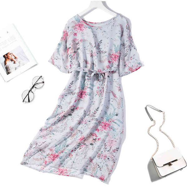 

dress women's 100% pure silk half sleeve two layers printed long dress plus size 2xl 3xl jn053, Black;gray