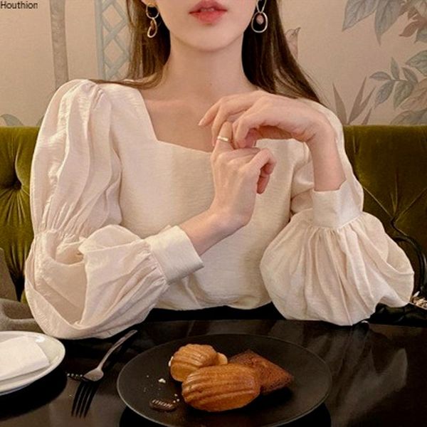 

women's blouses & shirts houthion blouse korean shirt solid color casual summer long-sleeved square collar loose fashion blusas, White