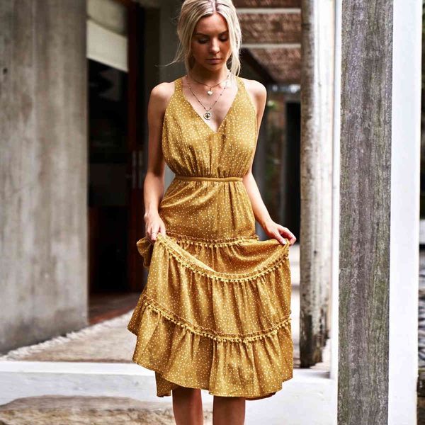 

jastie yellow polka dots dress cross back summer dresses flowy hem casual beach dress boho women dress female vestidos 210419, Black;gray