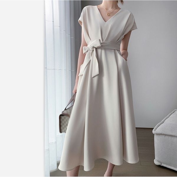 

aunt cui hepburn pocket skirt french temperament high waist women's spring and summer design white dress, Black;gray