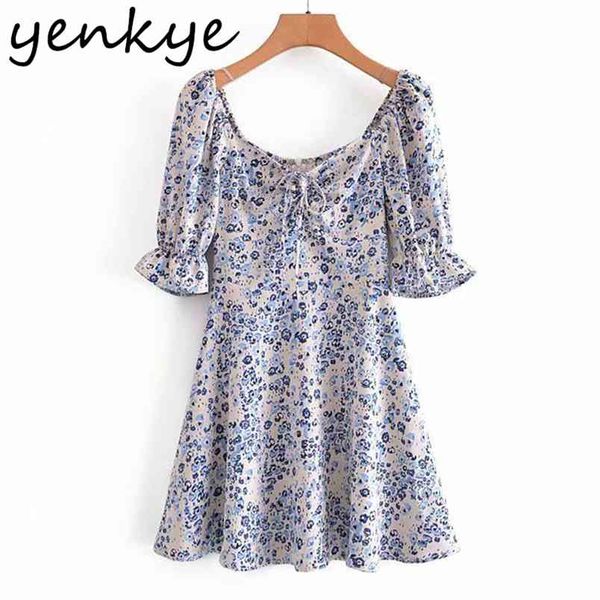 

floral print summer dress women square neck short sleeve a-line mini sundress vestido mujer holiday casual 210514, Black;gray