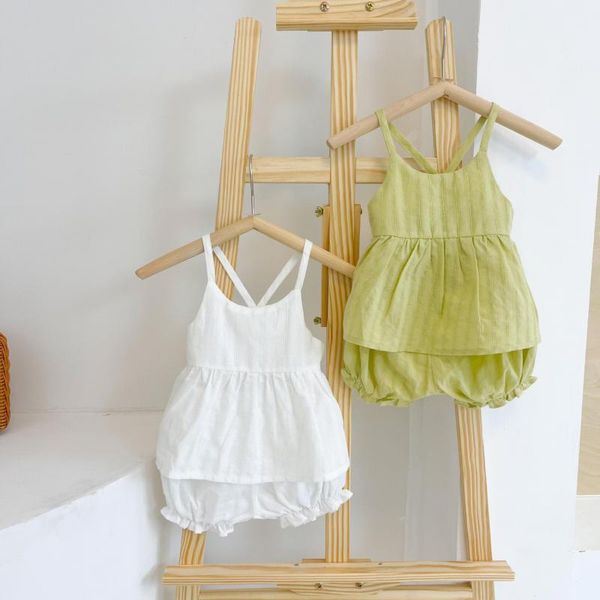 

clothing sets 2pcs toddler baby girl summer clothes set casual solid thin sleeveless sling + kid fashion soft bud shorts, White
