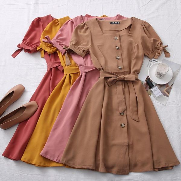 

casual dresses 2021 spring and summer style, fashionable versatile, solid color square collar, single breasted waist strap, short, Black;gray