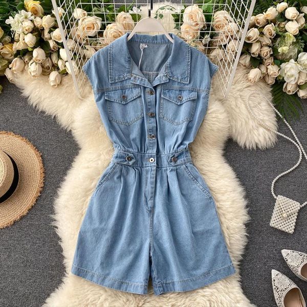 

summer denim amp casual women romper fashionable buttons empire pants no belt playsuit, Black;white