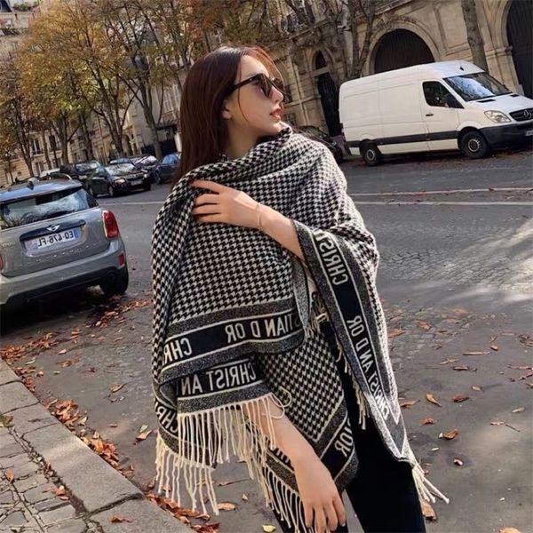 

zhao liying's same geometric tassel autumn winter warm outdoor dual-purpose temperament thickened air conditioning room scarf big shawl, Blue;black
