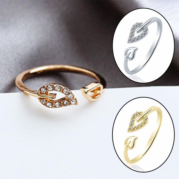 

gold silver color crystal leaves shaped opening ring for woman fashion korean finger jewelry wedding party rings