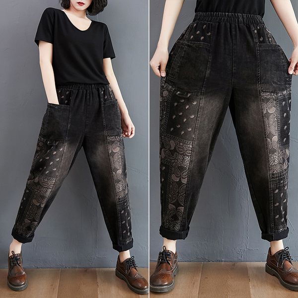 

capris casual trousers with high waist retro art t135, Black;white