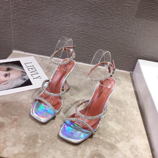 

sandals for women rhinestone crystal high heels front rear strap square toe peep sewing super strange style, Black