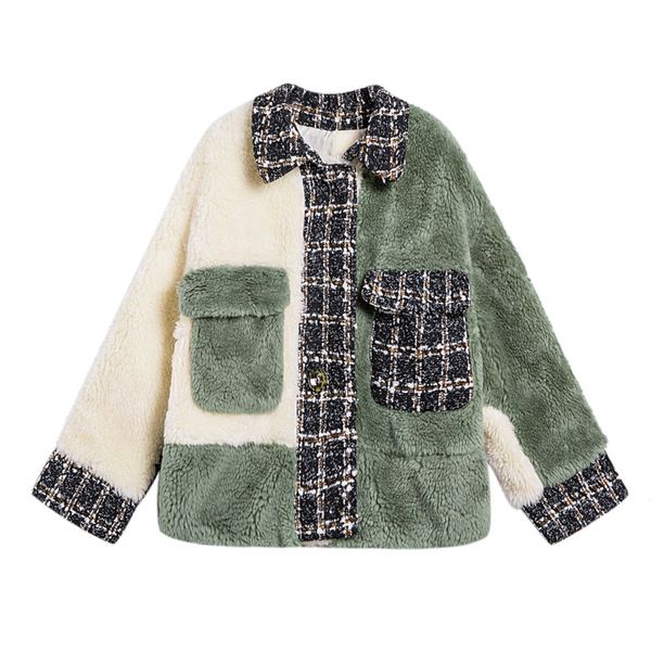 Cappotto da donna in pelliccia sintetica blu verde beige con colletto rovesciato High Street in tweed scozzese con tasca capispalla patchwork C0246 210514