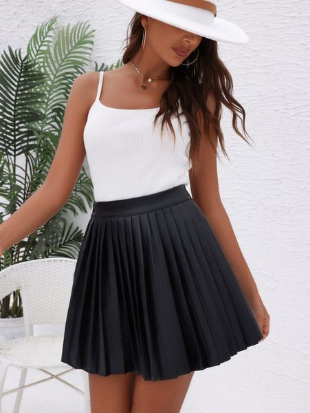 

pleated pu leather skirt q3tt#, Black