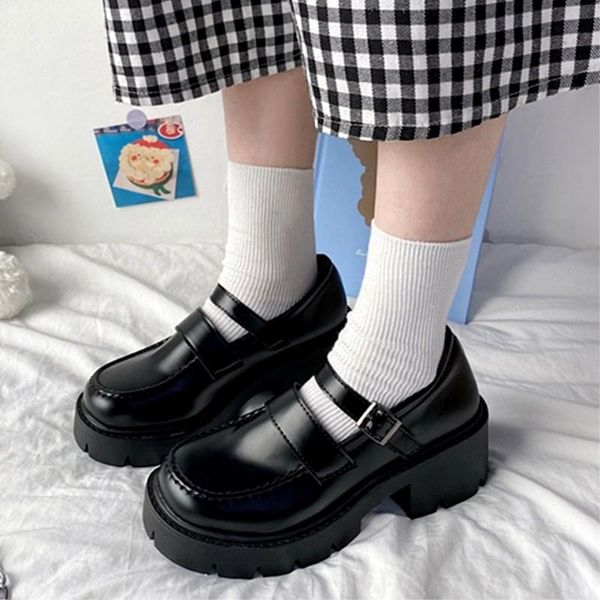 

dress shoes eoeodoit spring leather pumps med chunky platform buckle retro mary janes casual heels, Black