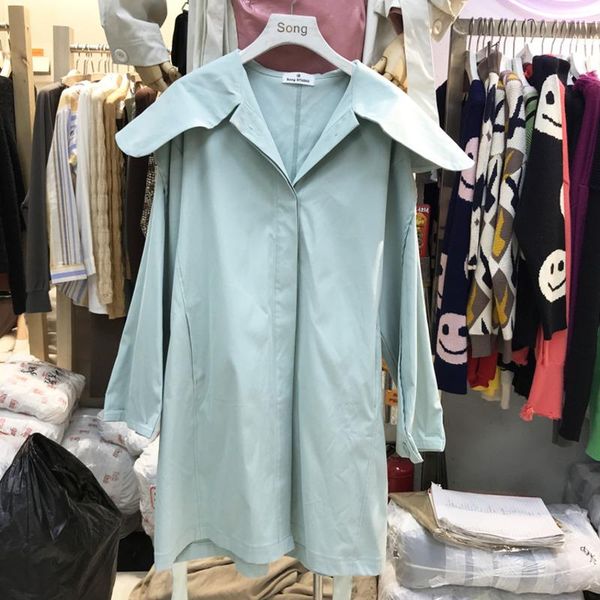 

women's trench coats [ewq] korea 2021 autumn solid color fashion lapel single-breasted long coat outwear loose casual women windbreaker, Tan;black