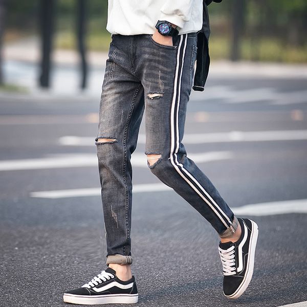 

men's ripped spring new slim fit hole mens jeans casual side stripe design denim pants men trousers 28-36, Blue