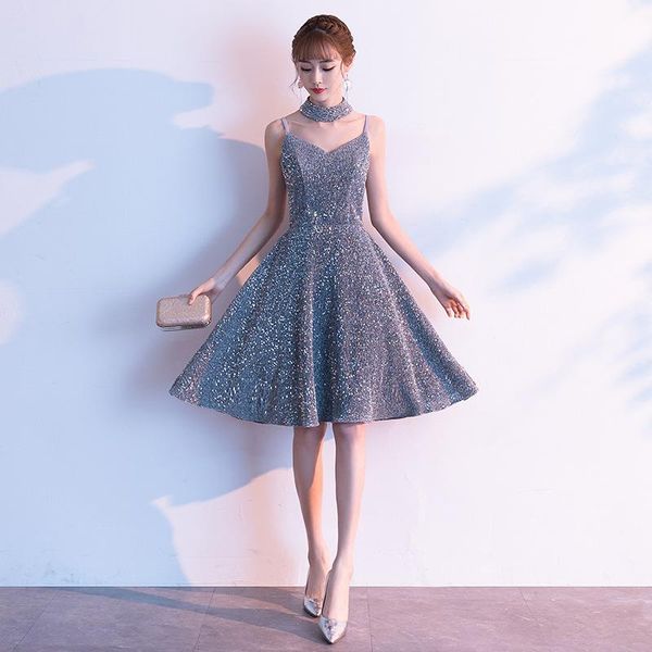 

office lady v-neck backless banquet gown exquisite sequins trim short a-line dresses silver elegant evening party dress ethnic clothing, Red