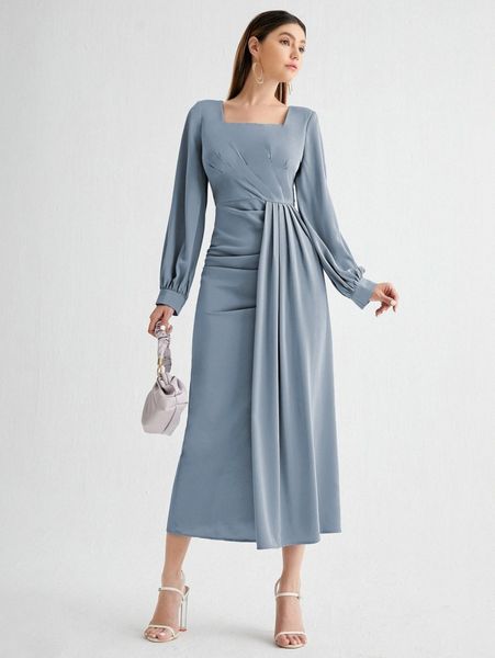 

square neck draped detail split hem dress 10ay#, Black;gray