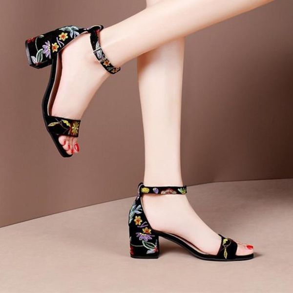 

elegant buckle strap shoes 2021 women's sandals summer high heels embroidered ladies comfort female fashion dress, Black