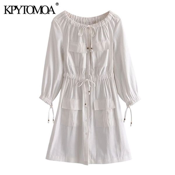 

women chic fashion with pockets white mini dress vintage elastic neck drawstring tied female dresses vestidos 210421, Black;gray