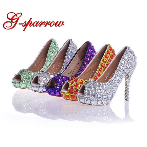 

peep toe bridal wedding shoes purple silver green ab crystal red stiletto heel cinderella prom party pumps customized dress, Black