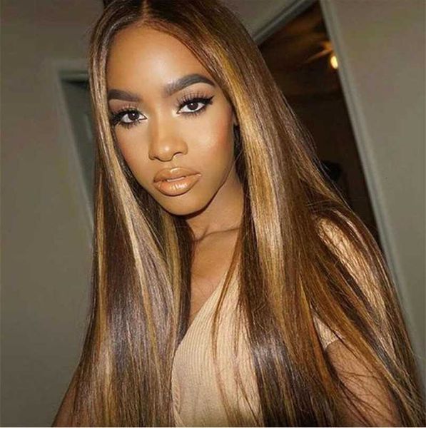 

women's split color brown gold long straight hair set wig price, Black