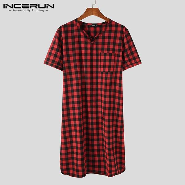 

men's sleepwear summer men plaid robes homewear v neck short sleeve nightgown comfortable leisure soft bathrobes s-5xl incerun, Black;brown