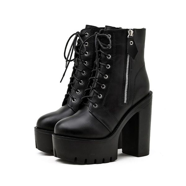 

womens ankle boots chunky high heel zipper, Black