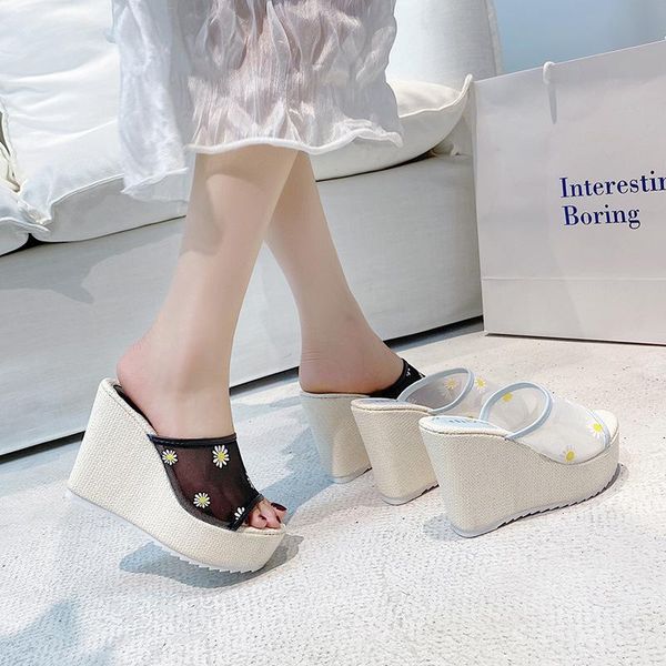 

mesh embroidered flower wedges slides women fashion summer platform heels open toe sandals ladies non-slip beach slippers shoes, Black