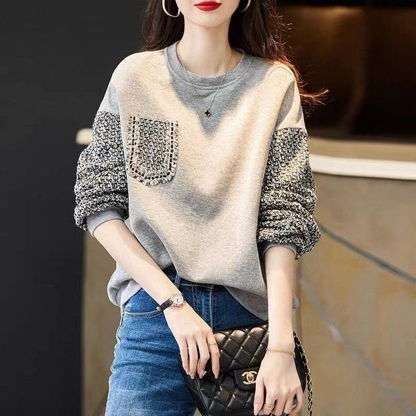 

european gray round neck sweater women's spring and autumn thin 2021 new fashion loose small fragrance coat, Black
