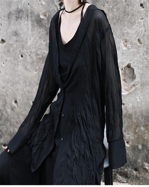 

skirts dark pleated blouse female small public design sense chiffon unblack air conditioning sun block summer style, Black