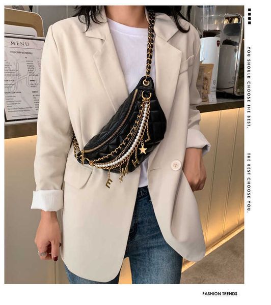 

pu solid color chest bag chain woman shoulder leather bag beaded messenger letter waist luxury handbags women designer hqc125